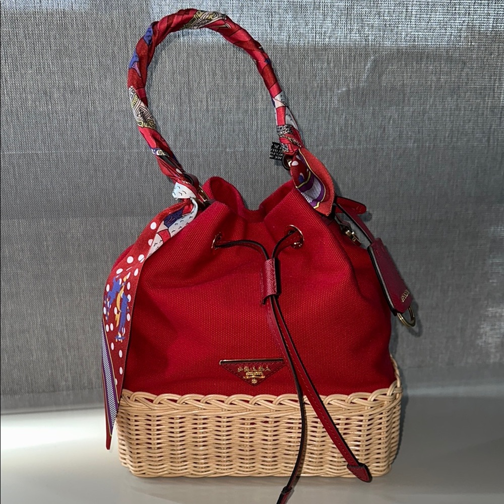 Prada Red and Tan Shoulder Bag with Woven Base - Authentic and NWT